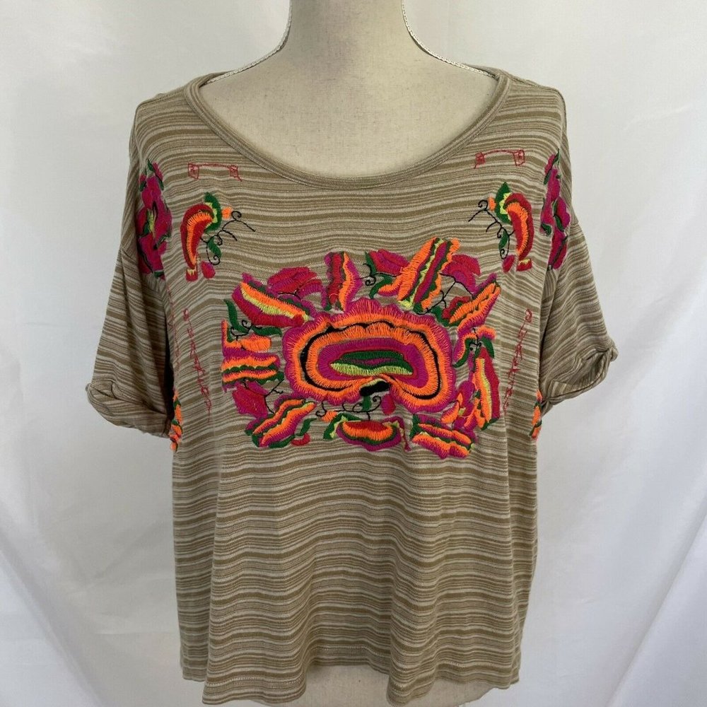 Free People Catalunya Floral Embroidered Stripe Flowy Boxy Top MEDIUM - Picture 2 of 7